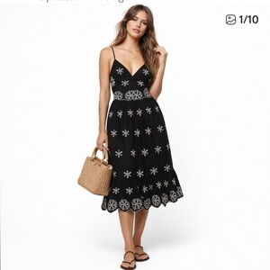 Zara Small Black Midi Dress with Floral Embroidery and Tie Back